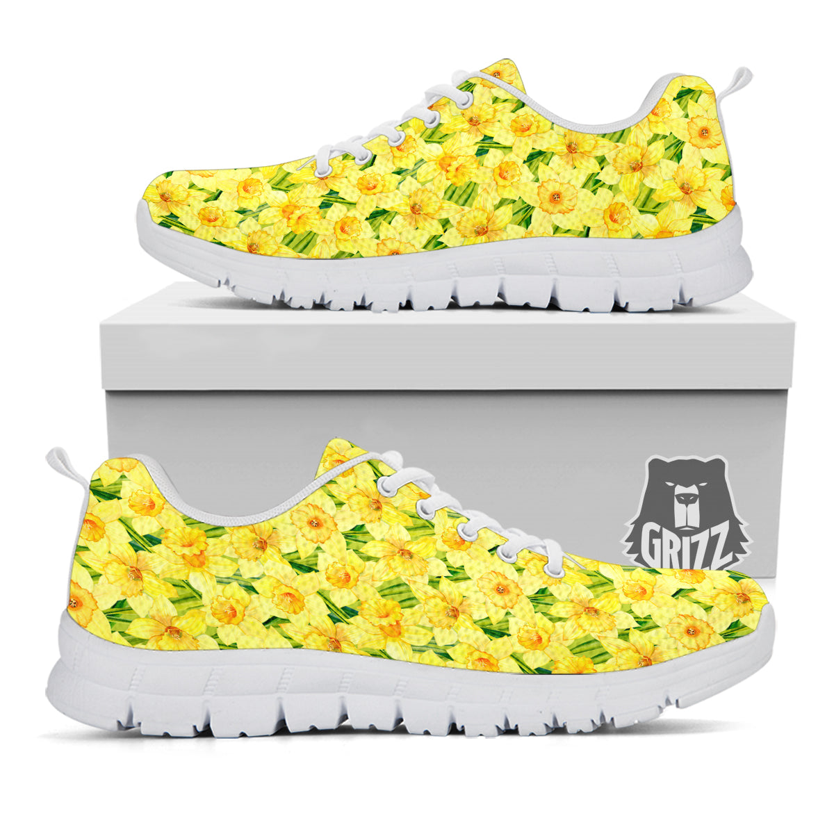 Flower Daffodil Watercolor Print Pattern White Sneaker-grizzshop