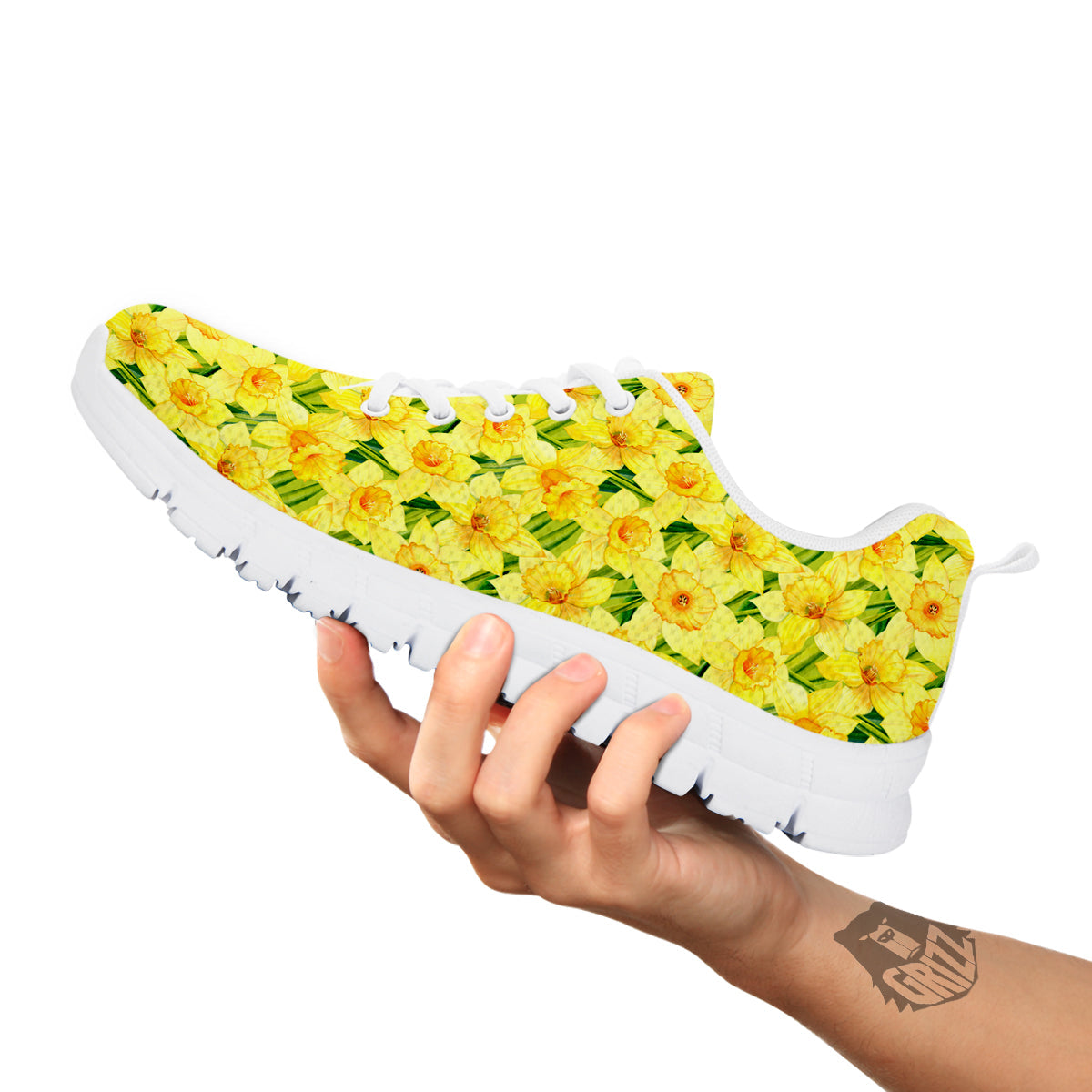 Flower Daffodil Watercolor Print Pattern White Sneaker-grizzshop