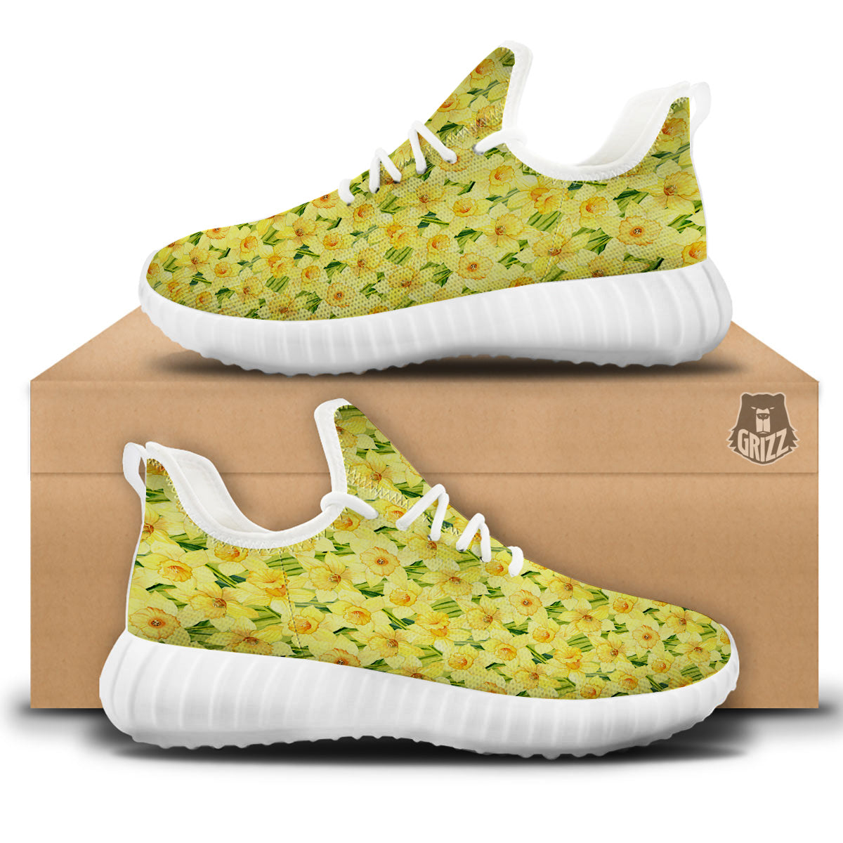 Flower Daffodil Watercolor Print Pattern White Walking Shoes-grizzshop