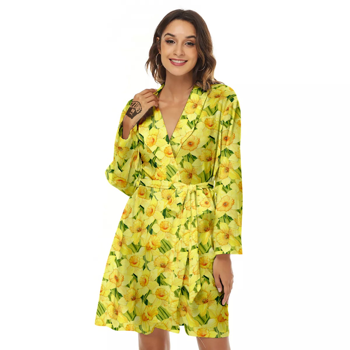 Flower Daffodil Watercolor Print Pattern Women's Robe-grizzshop