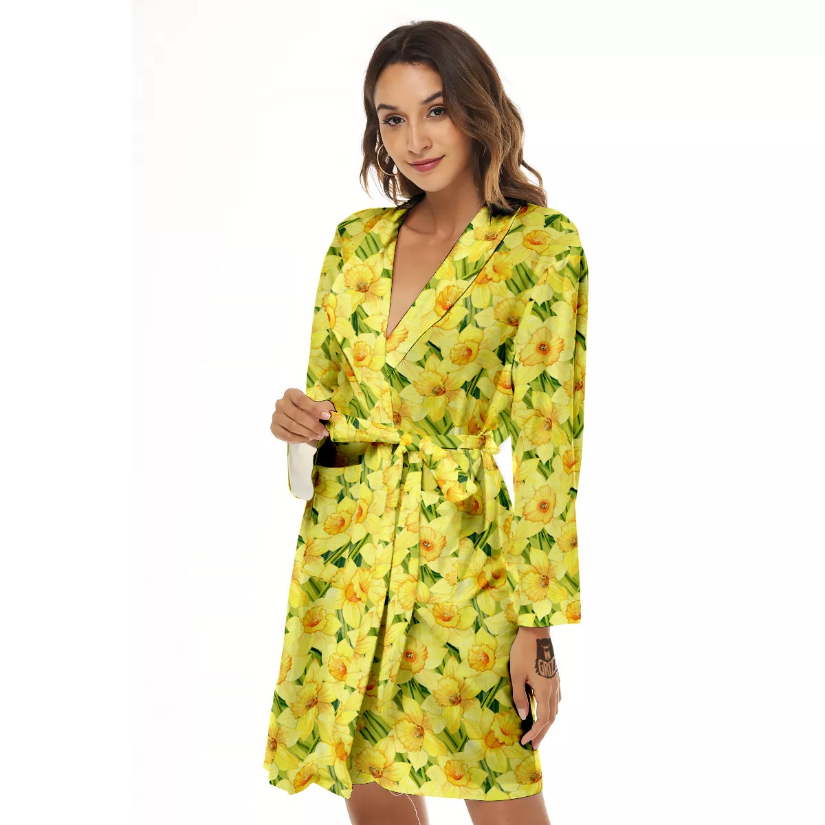 Flower Daffodil Watercolor Print Pattern Women's Robe-grizzshop