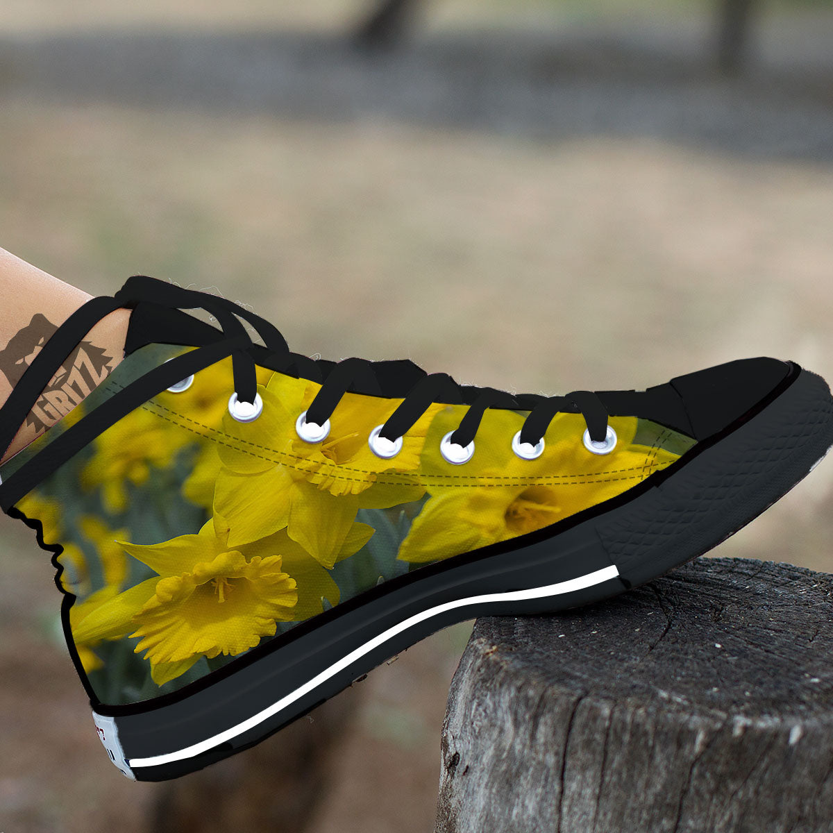 Flower Daffodil Yellow Print Black High Top Shoes-grizzshop