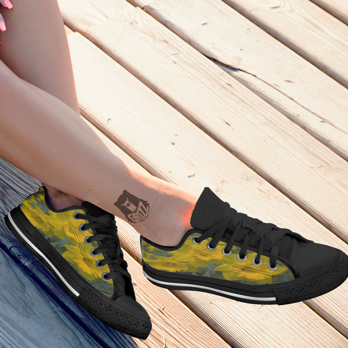 Flower Daffodil Yellow Print Black Low Top Shoes-grizzshop