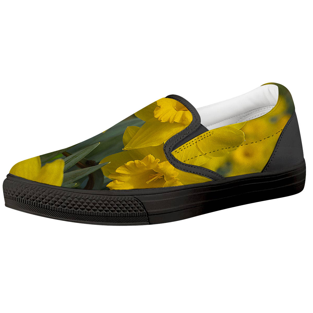 Flower Daffodil Yellow Print Black Slip On Shoes-grizzshop