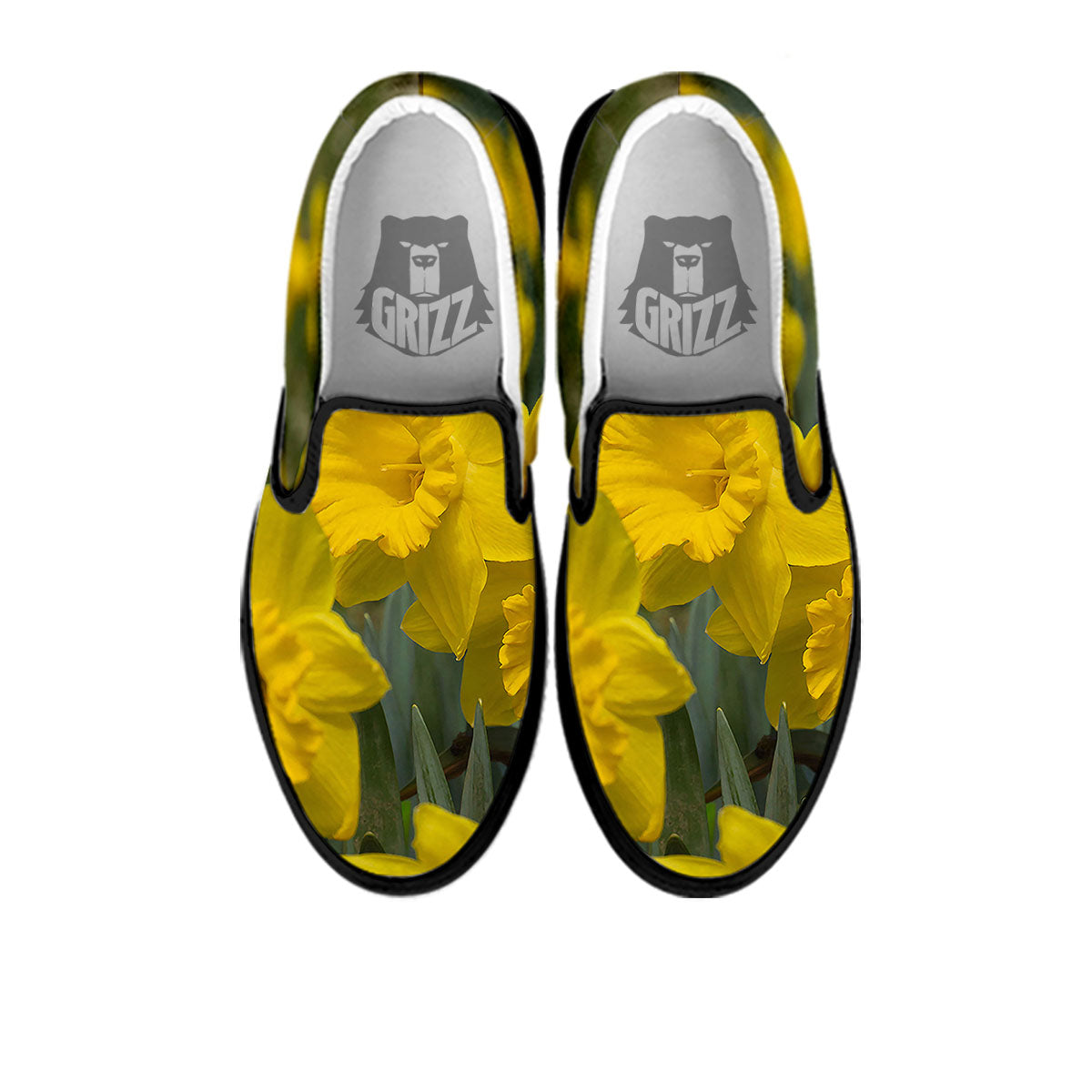 Flower Daffodil Yellow Print Black Slip On Shoes-grizzshop