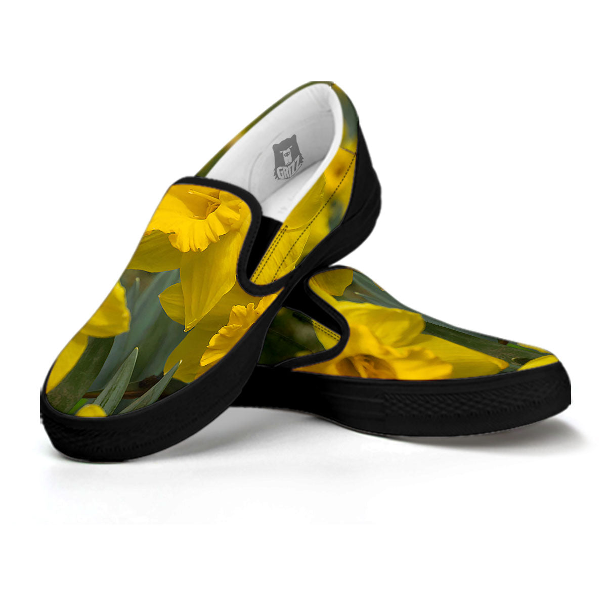 Flower Daffodil Yellow Print Black Slip On Shoes-grizzshop