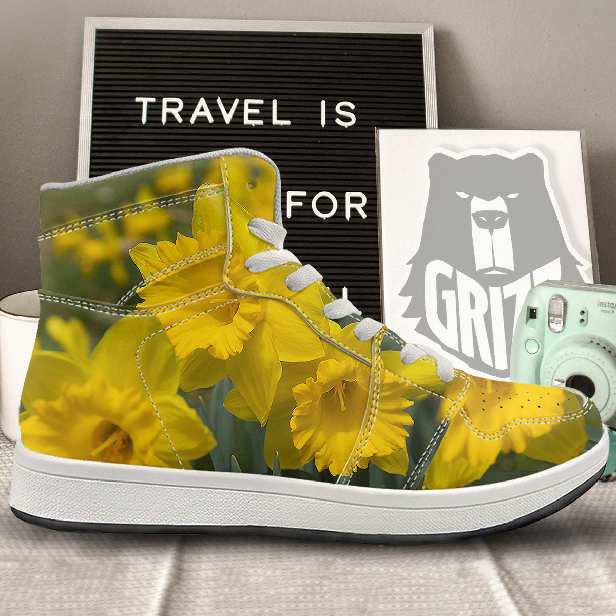 Flower Daffodil Yellow Print High Top Sneakers-grizzshop