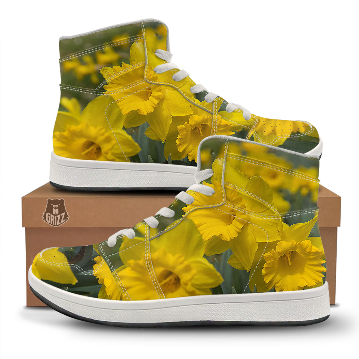 Flower Daffodil Yellow Print High Top Sneakers-grizzshop