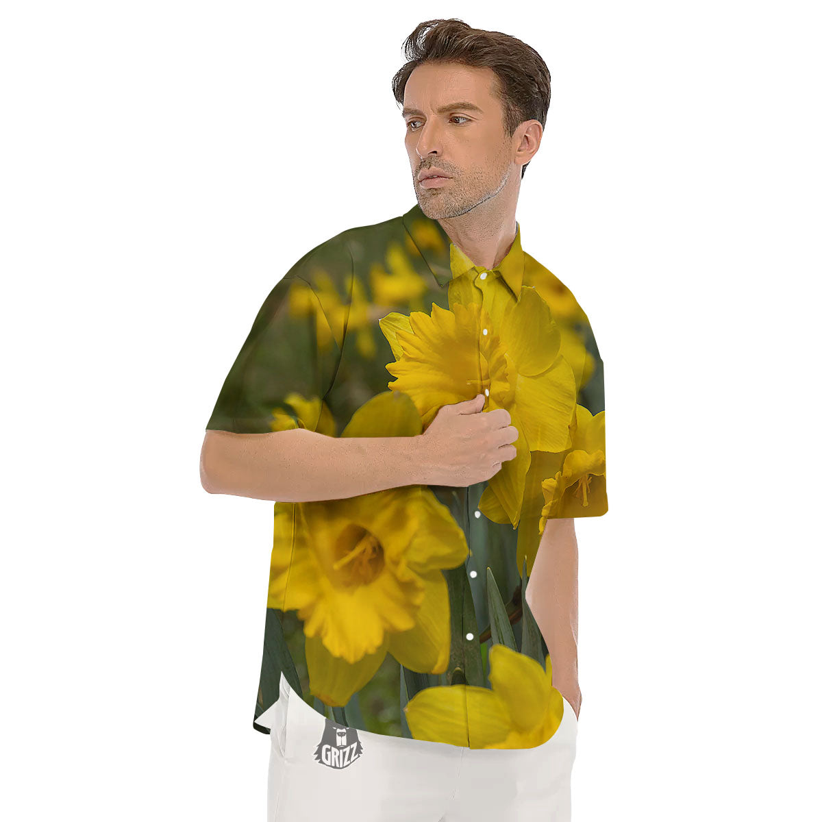 Flower Daffodil Yellow Print Men's Short Sleeve Shirts-grizzshop