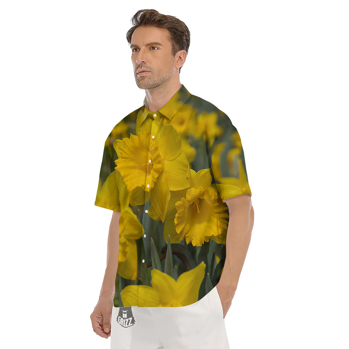 Flower Daffodil Yellow Print Men's Short Sleeve Shirts-grizzshop