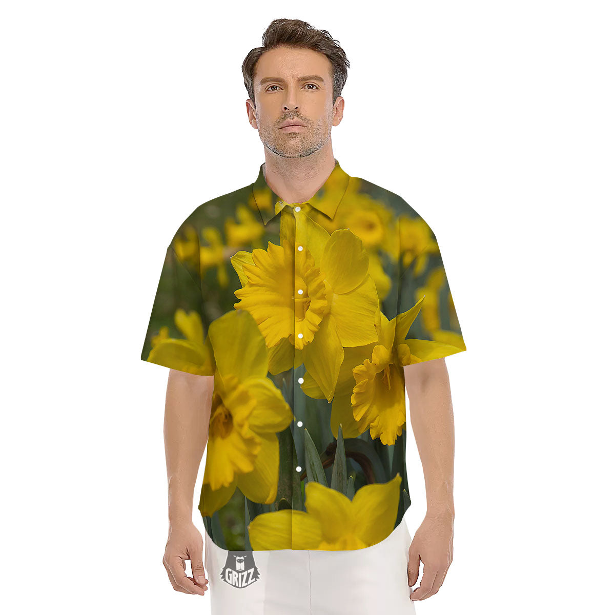 Flower Daffodil Yellow Print Men's Short Sleeve Shirts-grizzshop