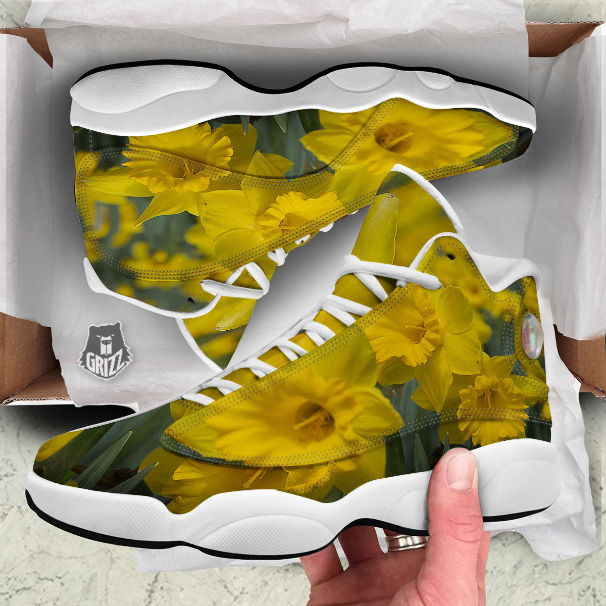 Flower Daffodil Yellow Print White Basketball Shoes-grizzshop