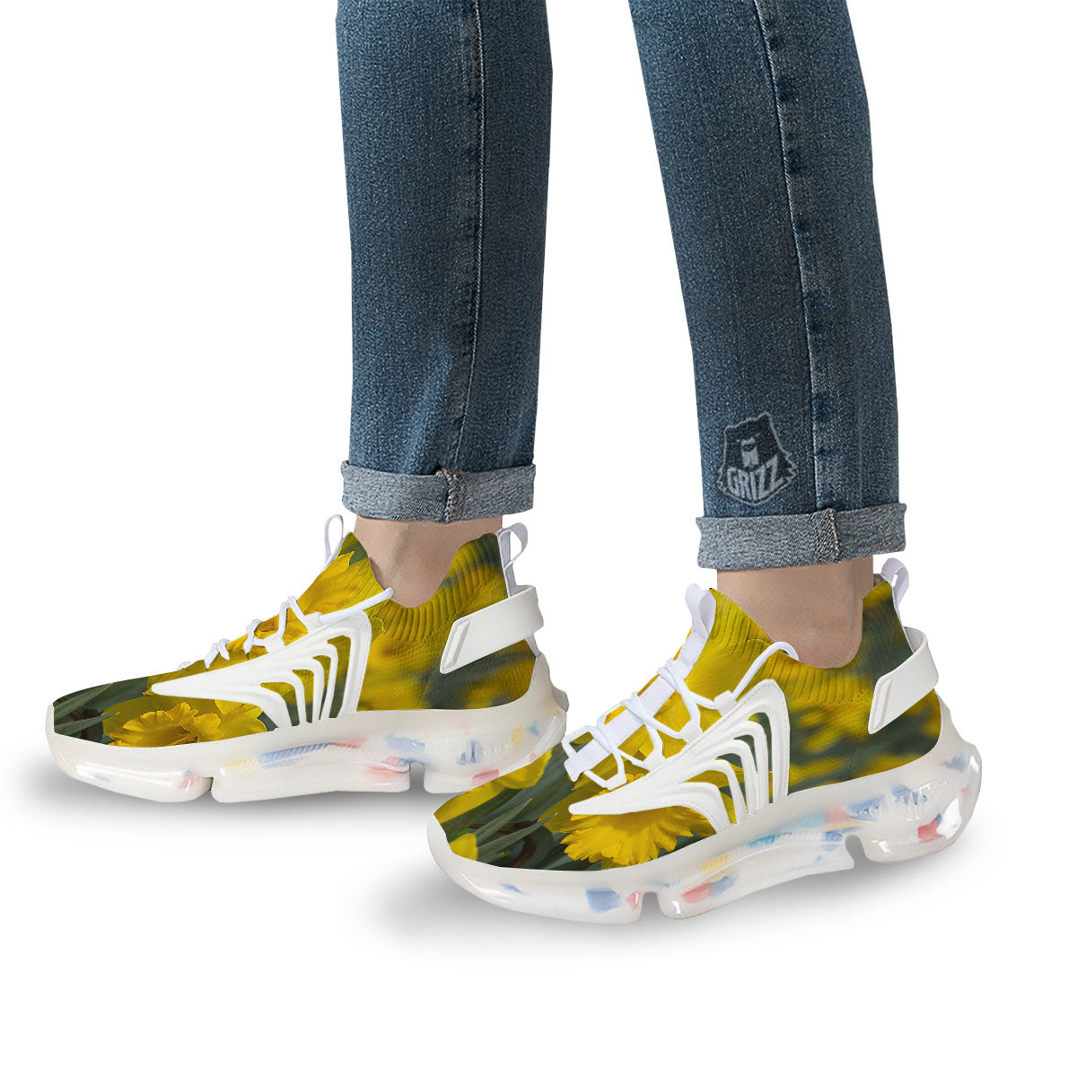 Flower Daffodil Yellow Print White Gym Shoes-grizzshop