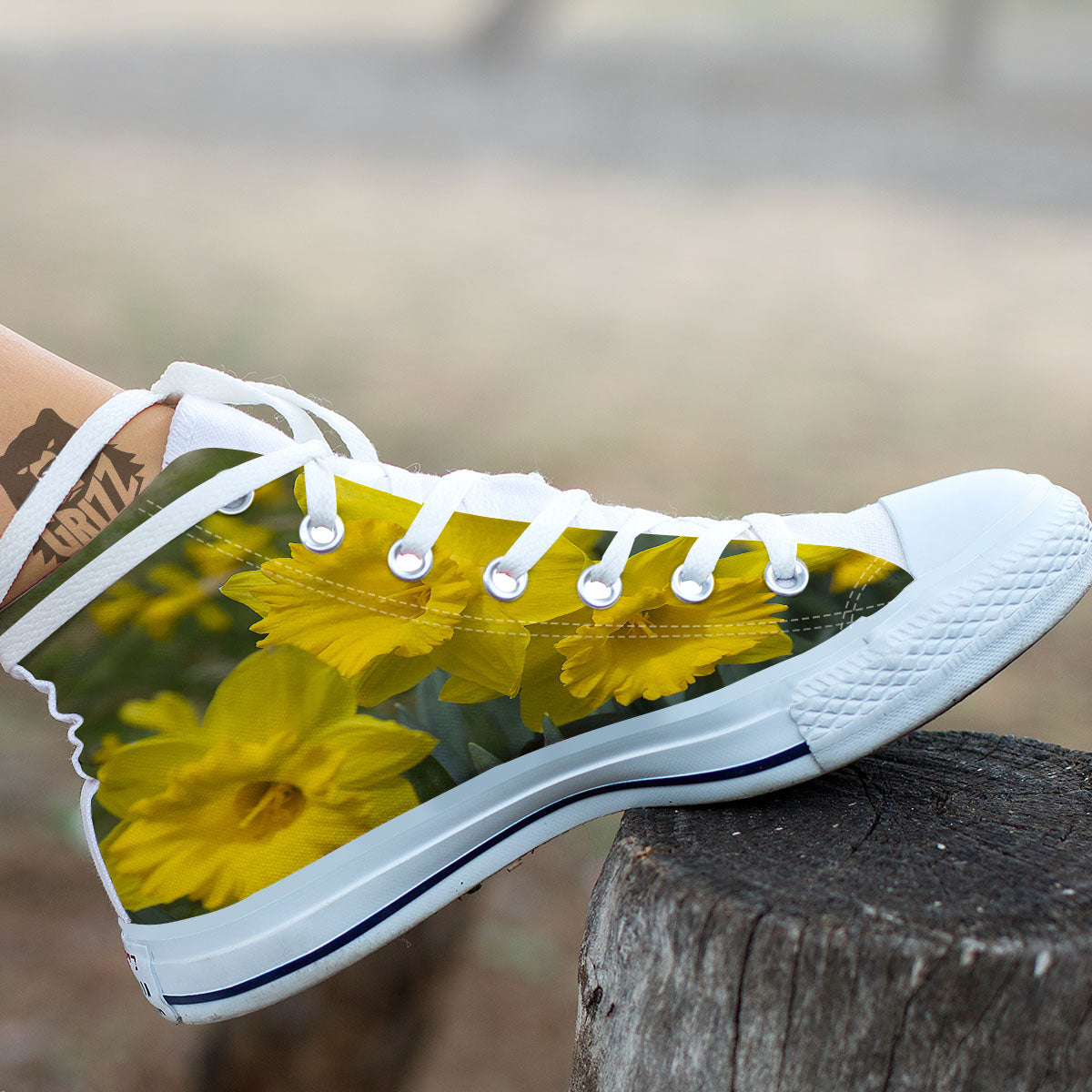 Flower Daffodil Yellow Print White High Top Shoes-grizzshop