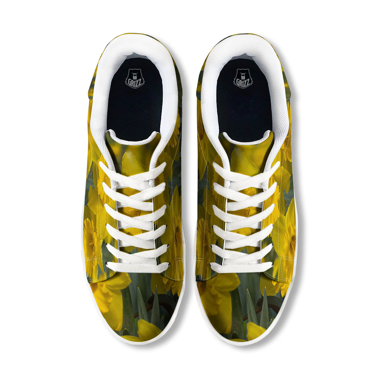 Flower Daffodil Yellow Print White Low Top Sneakers-grizzshop