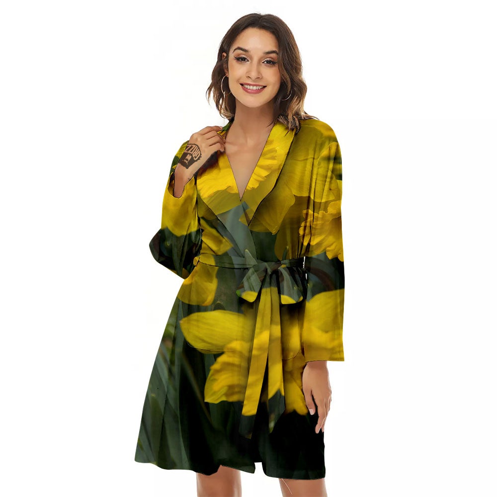 Flower Daffodil Yellow Print Women's Robe-grizzshop