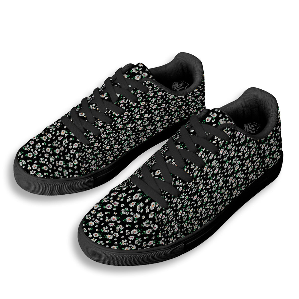 Flower Daisy Print Pattern Black Low Top Sneakers-grizzshop