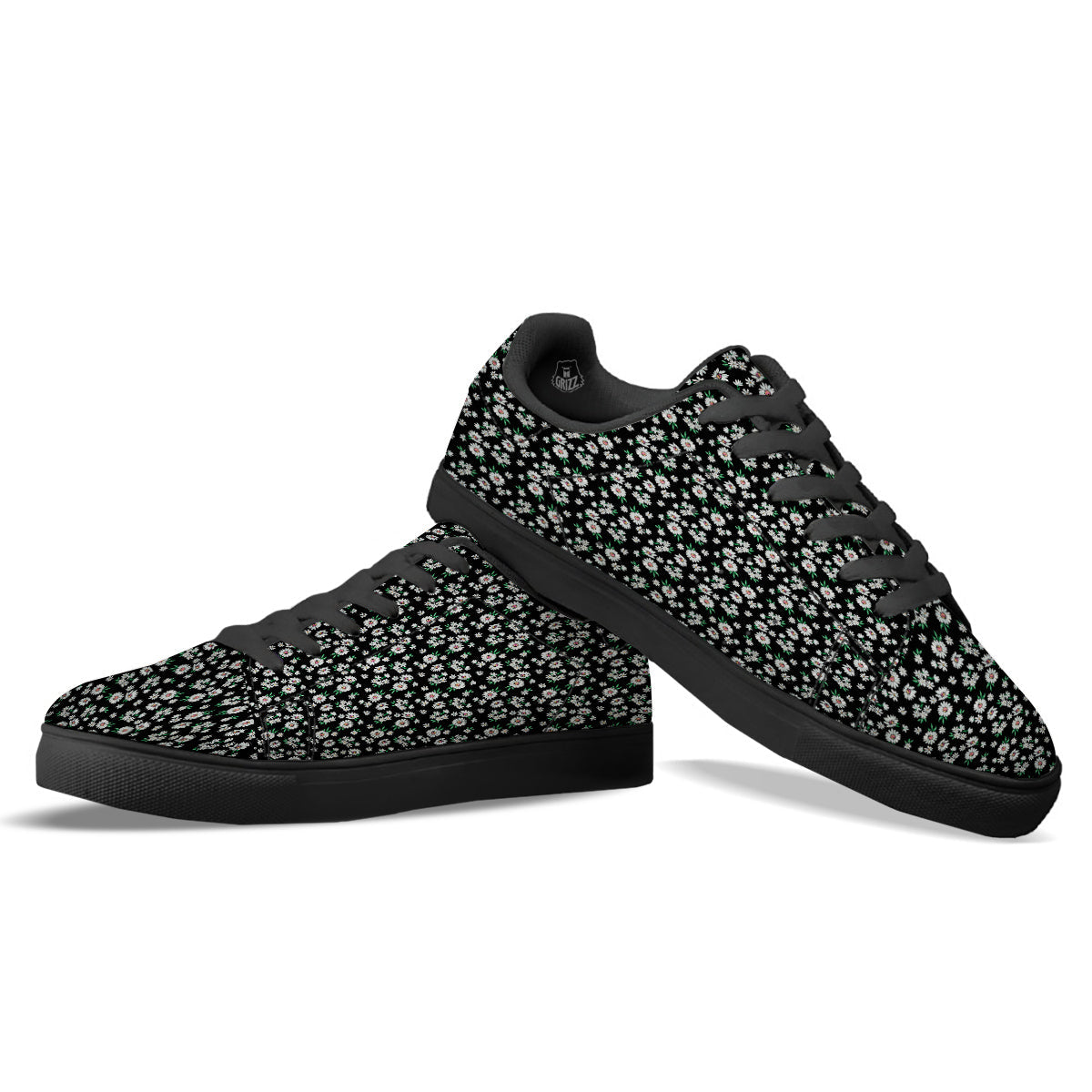 Flower Daisy Print Pattern Black Low Top Sneakers-grizzshop