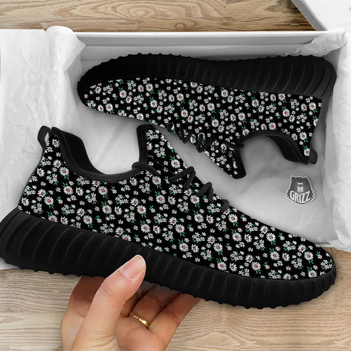 Flower Daisy Print Pattern Black Walking Shoes-grizzshop
