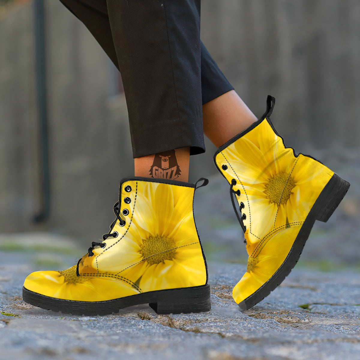 Flower Daisy Yellow Print Leather Boots-grizzshop