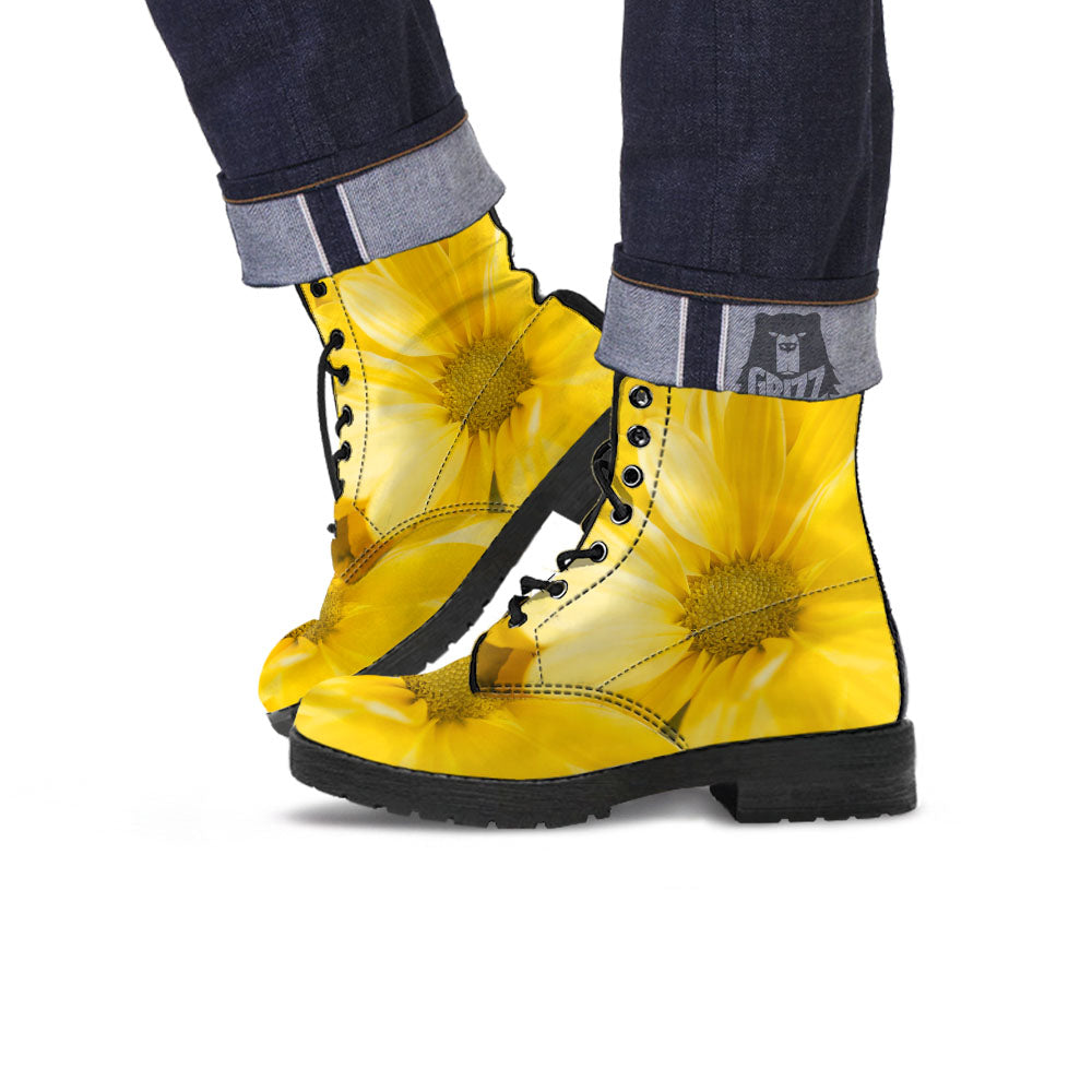 Flower Daisy Yellow Print Leather Boots-grizzshop