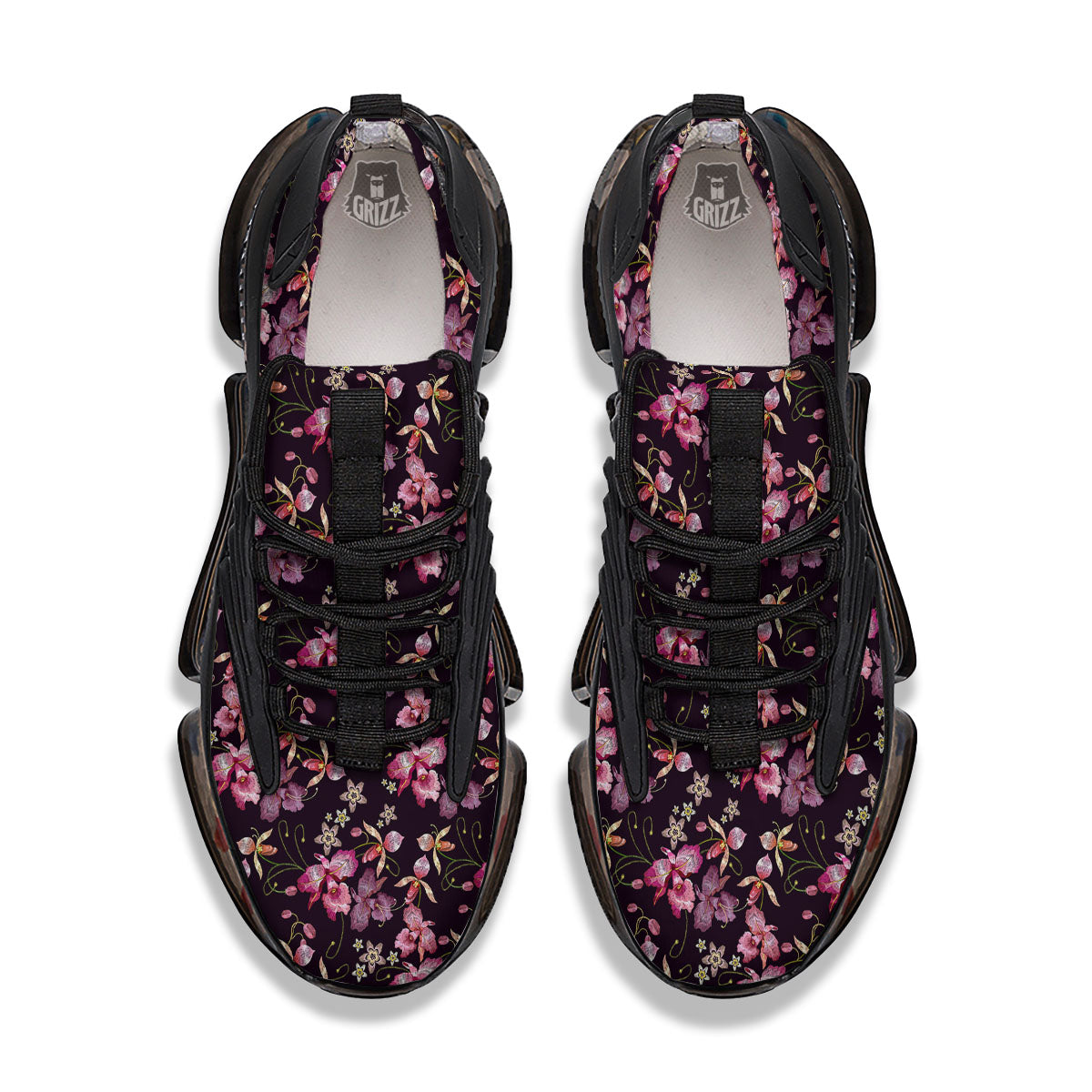 Flower Embroidery Orchid Print Pattern Black Gym Shoes-grizzshop