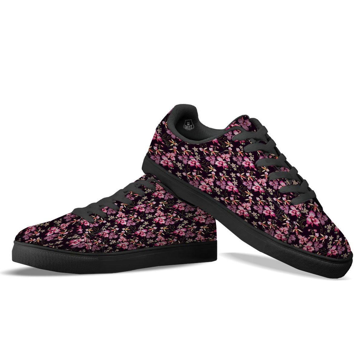 Flower Embroidery Orchid Print Pattern Black Low Top Sneakers-grizzshop