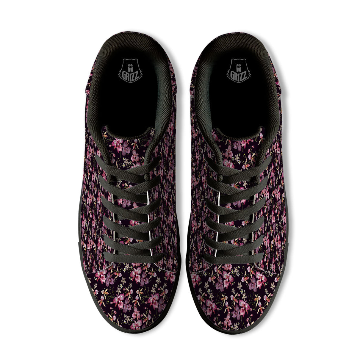 Flower Embroidery Orchid Print Pattern Black Low Top Sneakers-grizzshop