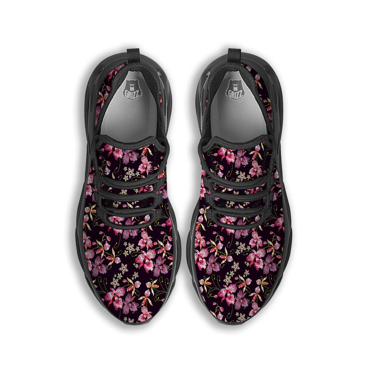 Flower Embroidery Orchid Print Pattern Black Running Shoes-grizzshop