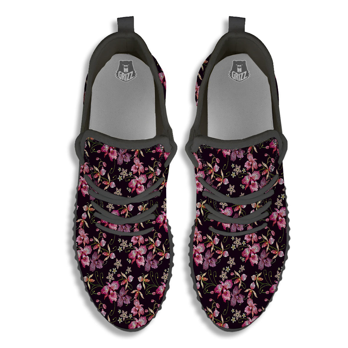 Flower Embroidery Orchid Print Pattern Black Walking Shoes-grizzshop