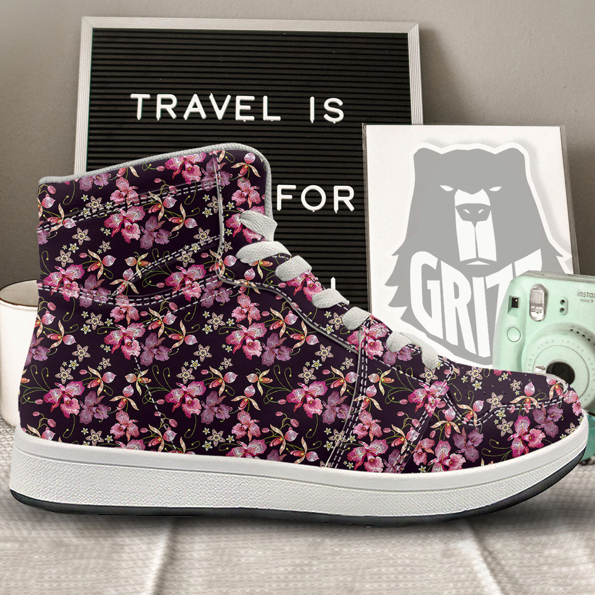 Flower Embroidery Orchid Print Pattern High Top Sneakers-grizzshop