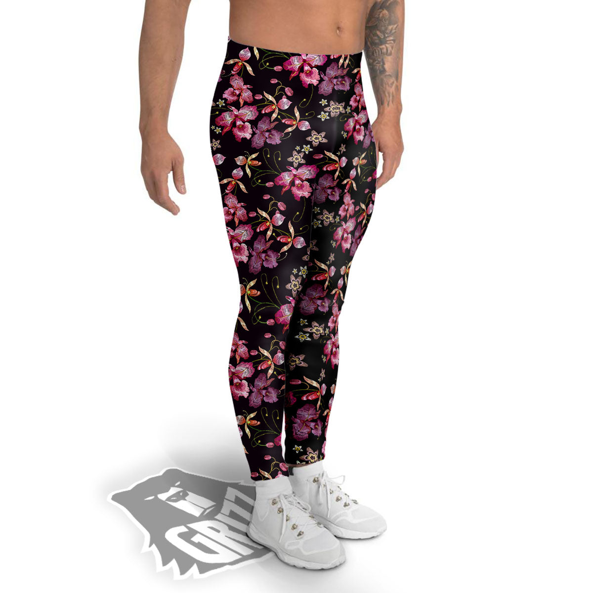 Flower Embroidery Orchid Print Pattern Men's Leggings-grizzshop