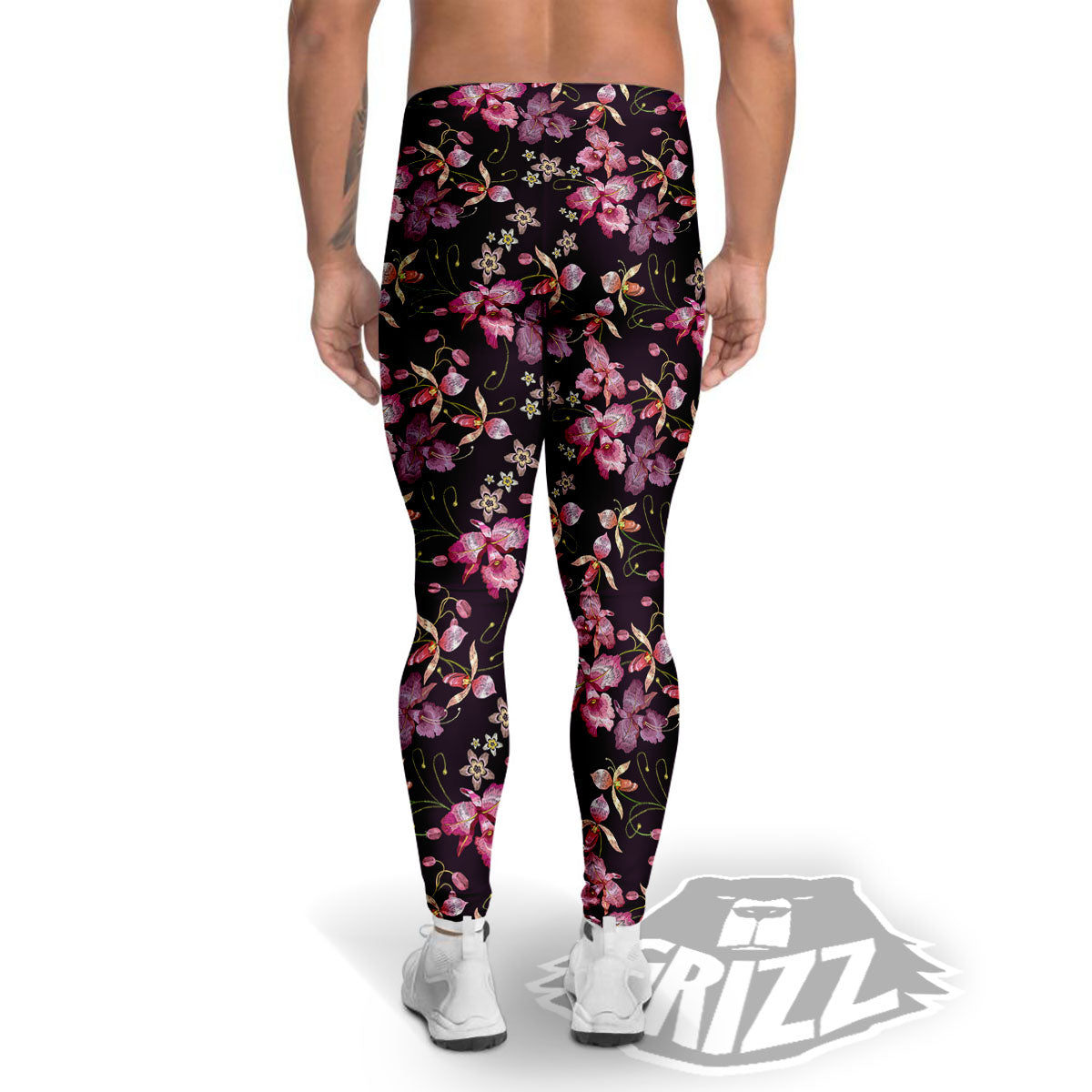 Flower Embroidery Orchid Print Pattern Men's Leggings-grizzshop