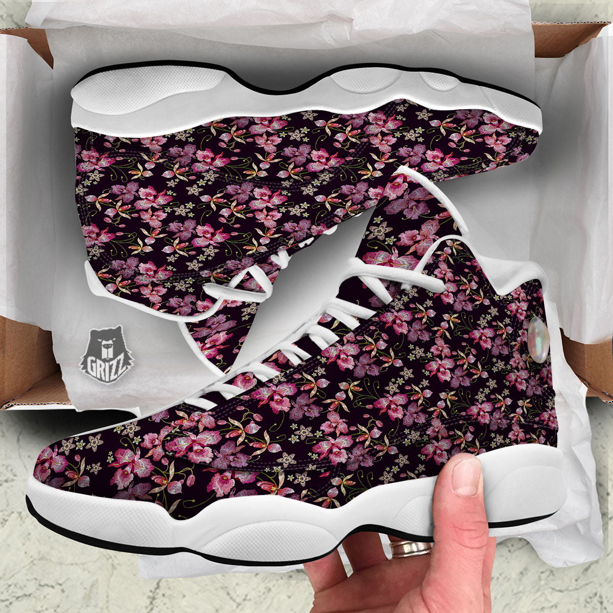 Flower Embroidery Orchid Print Pattern White Basketball Shoes-grizzshop