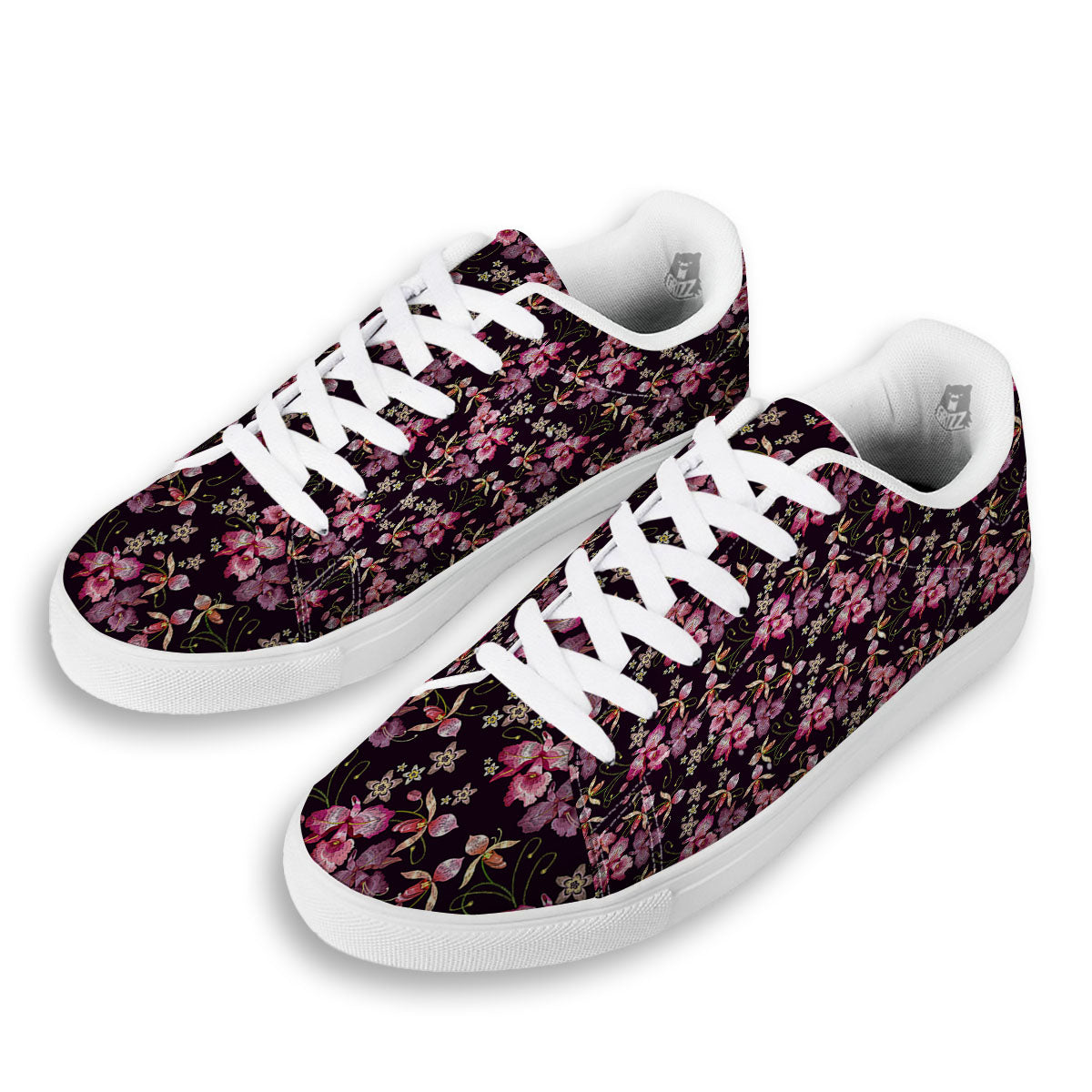 Flower Embroidery Orchid Print Pattern White Low Top Sneakers-grizzshop