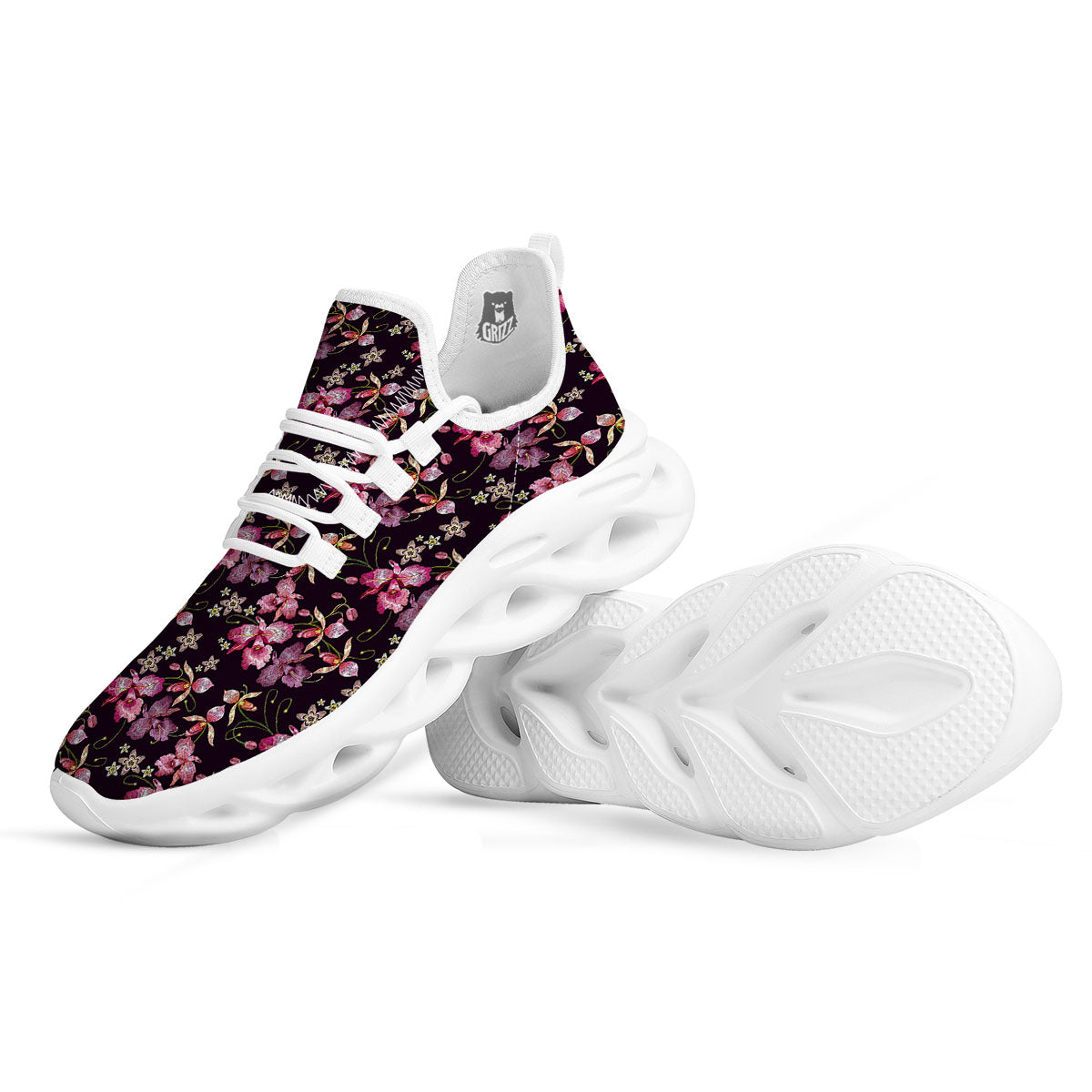 Flower Embroidery Orchid Print Pattern White Running Shoes-grizzshop