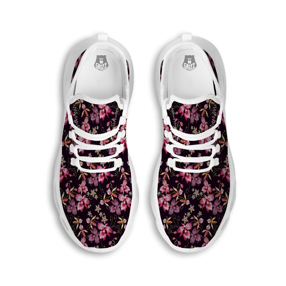 Flower Embroidery Orchid Print Pattern White Running Shoes-grizzshop