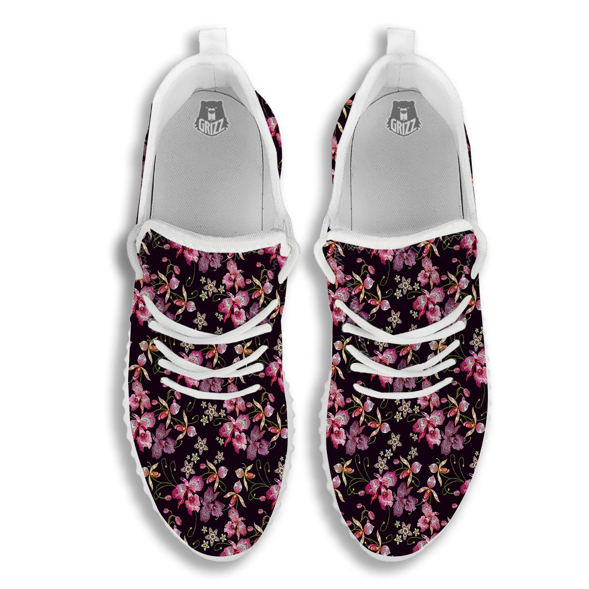 Flower Embroidery Orchid Print Pattern White Walking Shoes-grizzshop