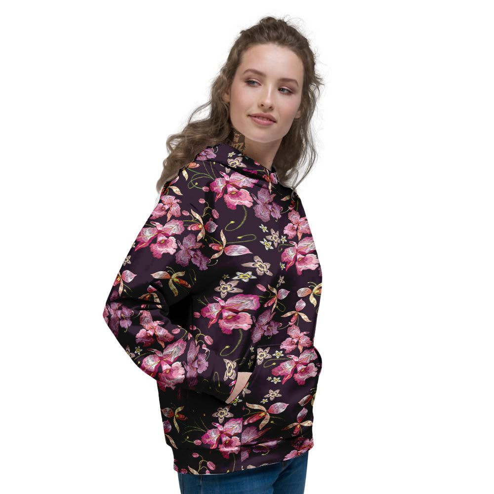 Flower Embroidery Orchid Print Pattern Women's Hoodie-grizzshop