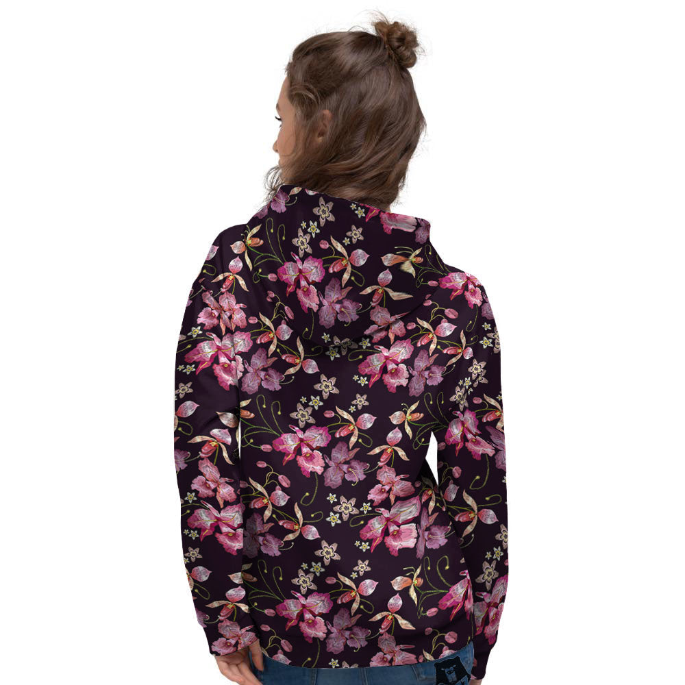 Flower Embroidery Orchid Print Pattern Women's Hoodie-grizzshop