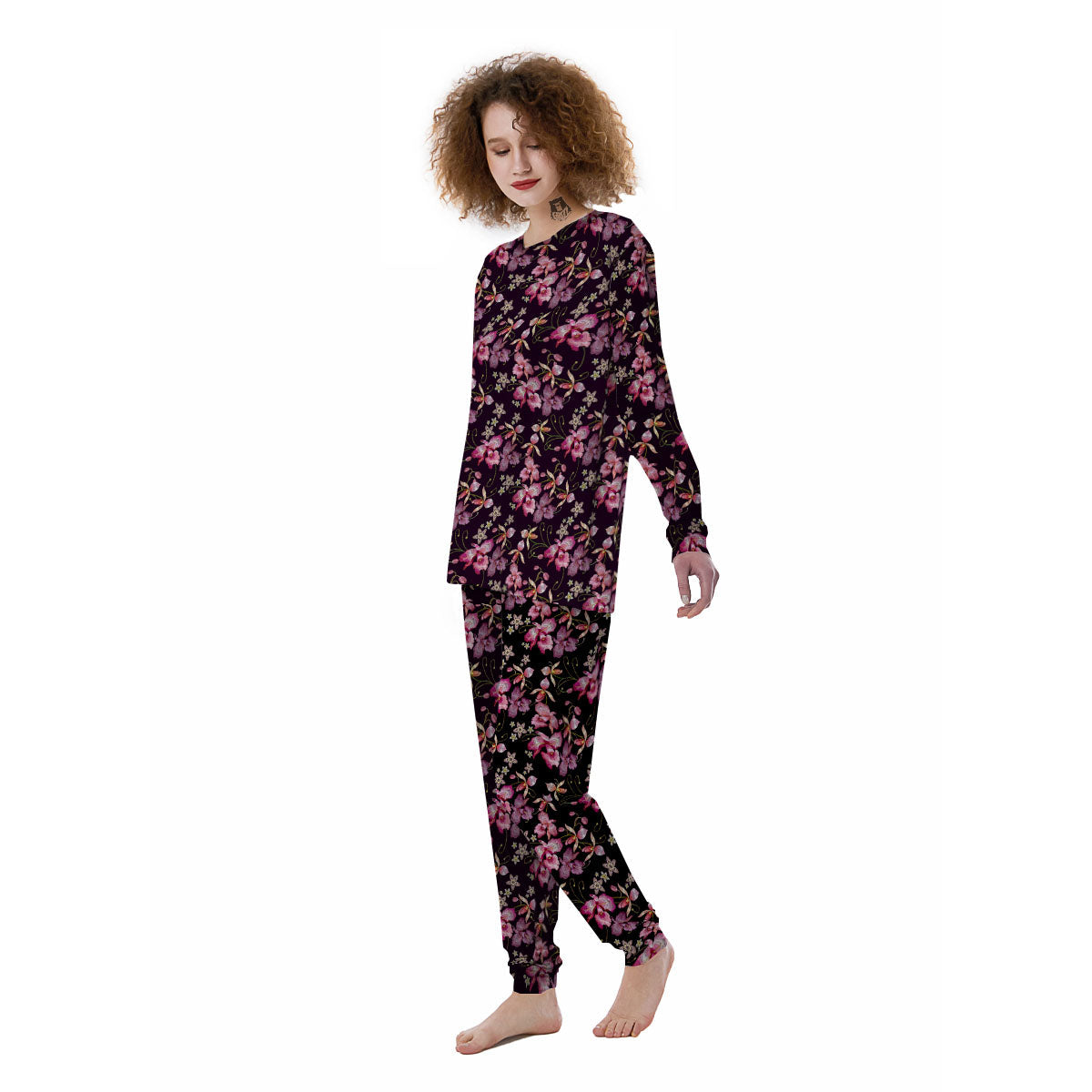Flower Embroidery Orchid Print Pattern Women's Pajamas-grizzshop