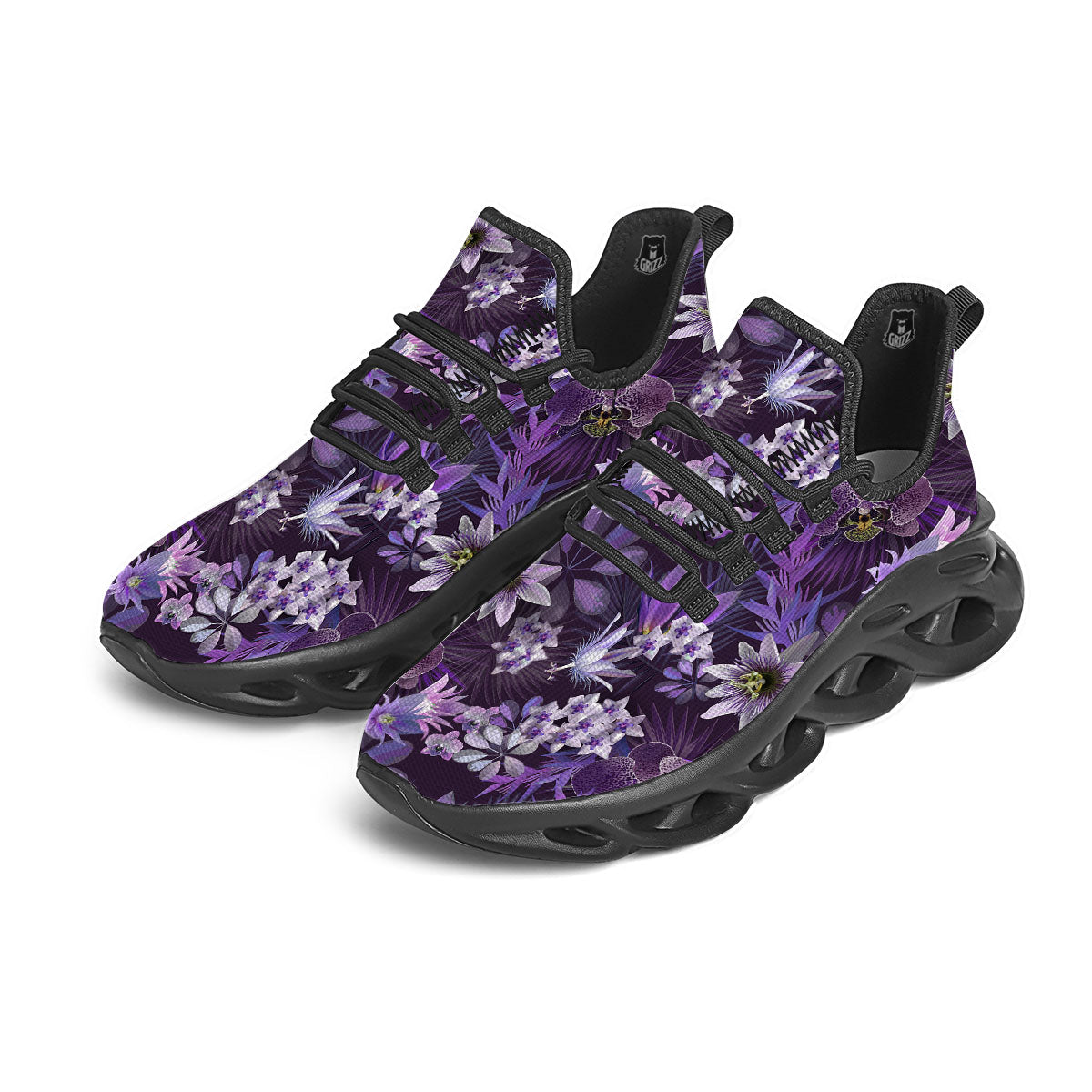Flower Floral Purple Print Pattern Black Running Shoes-grizzshop