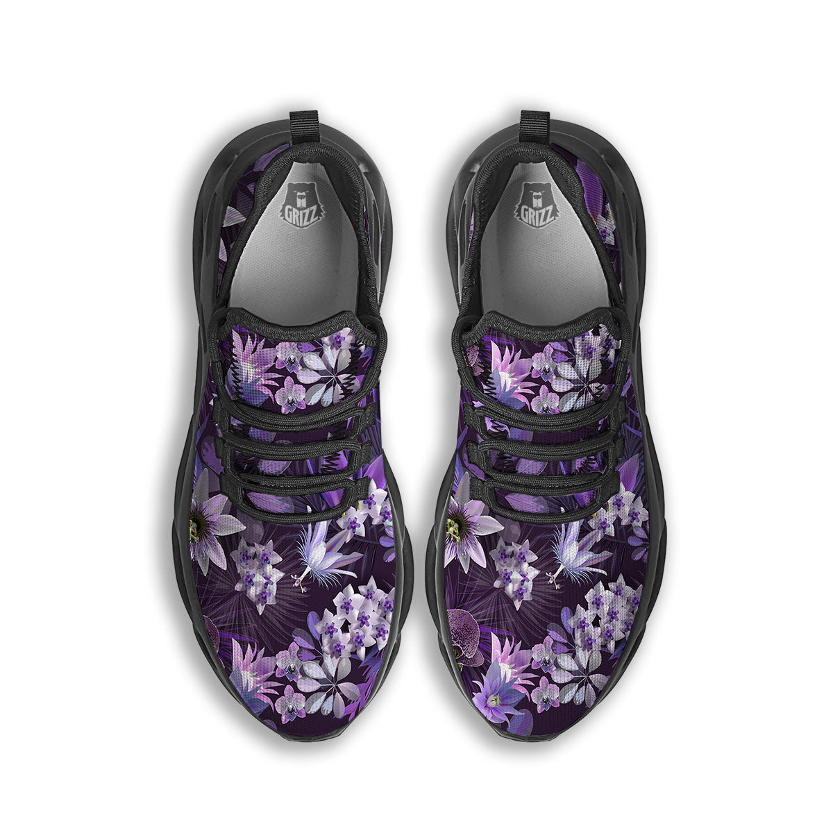 Flower Floral Purple Print Pattern Black Running Shoes-grizzshop