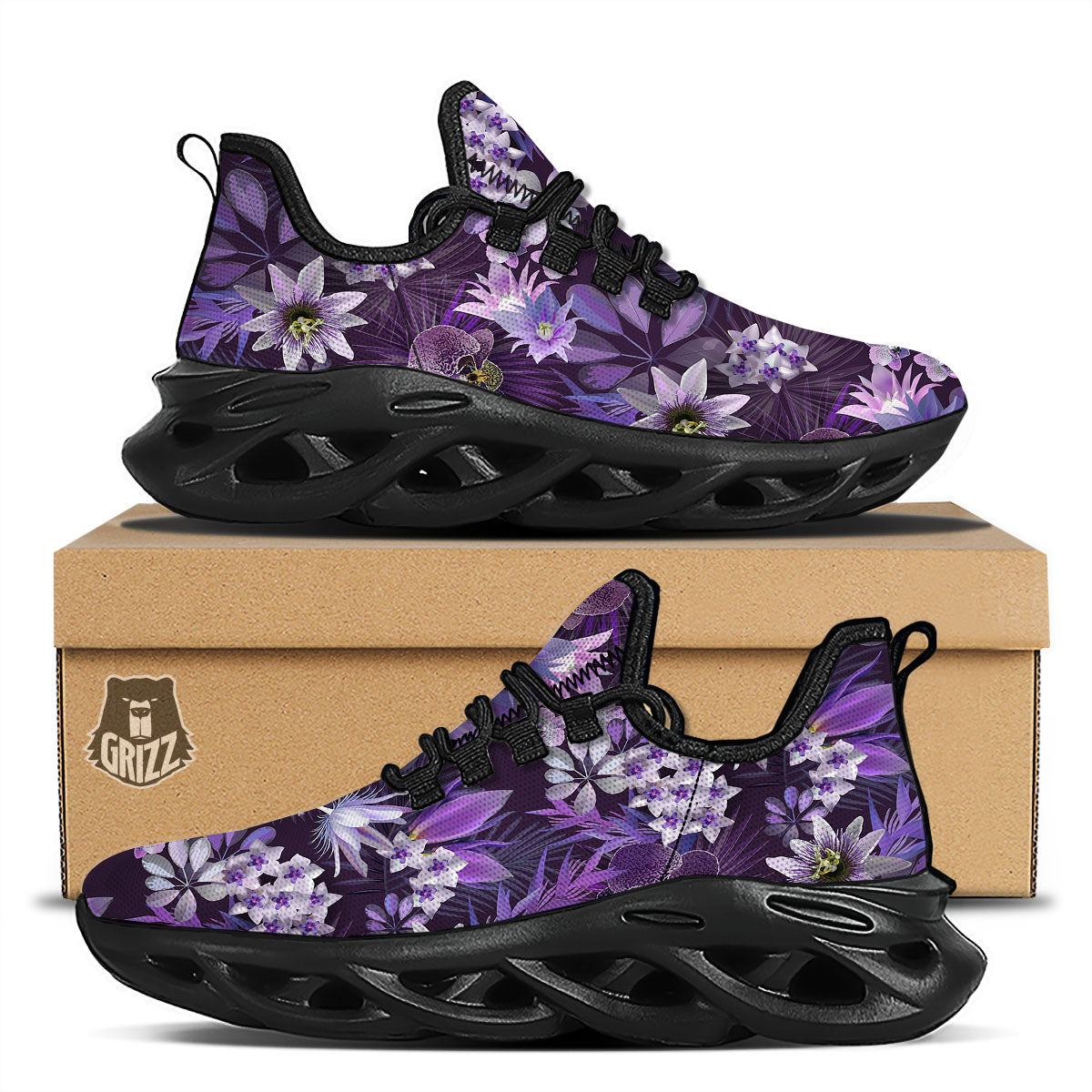 Flower Floral Purple Print Pattern Black Running Shoes-grizzshop