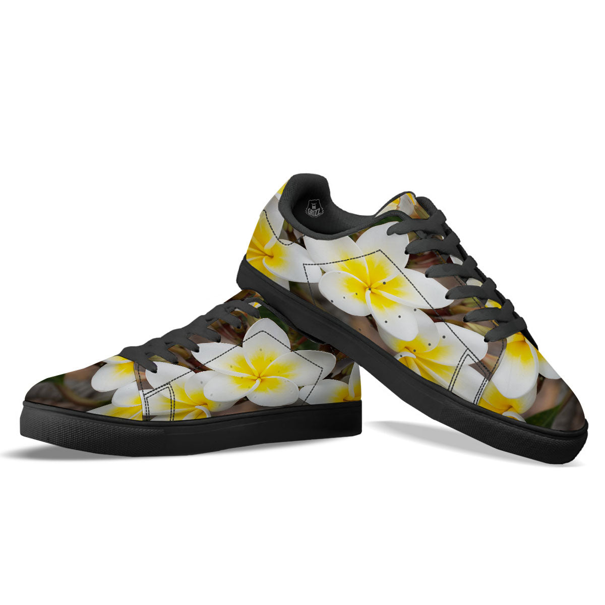 Flower Frangipani Print Black Low Top Sneakers-grizzshop