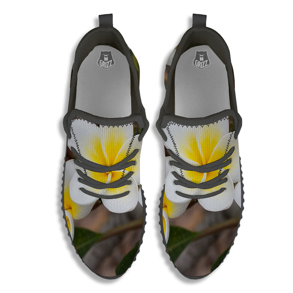 Flower Frangipani Print Black Walking Shoes-grizzshop