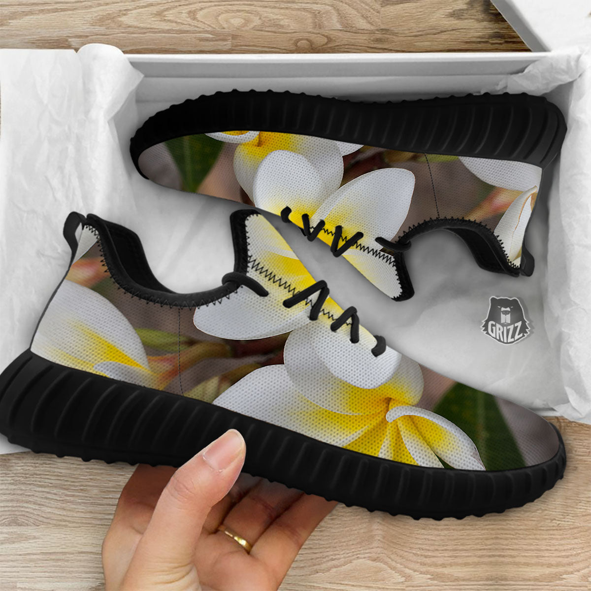 Flower Frangipani Print Black Walking Shoes-grizzshop