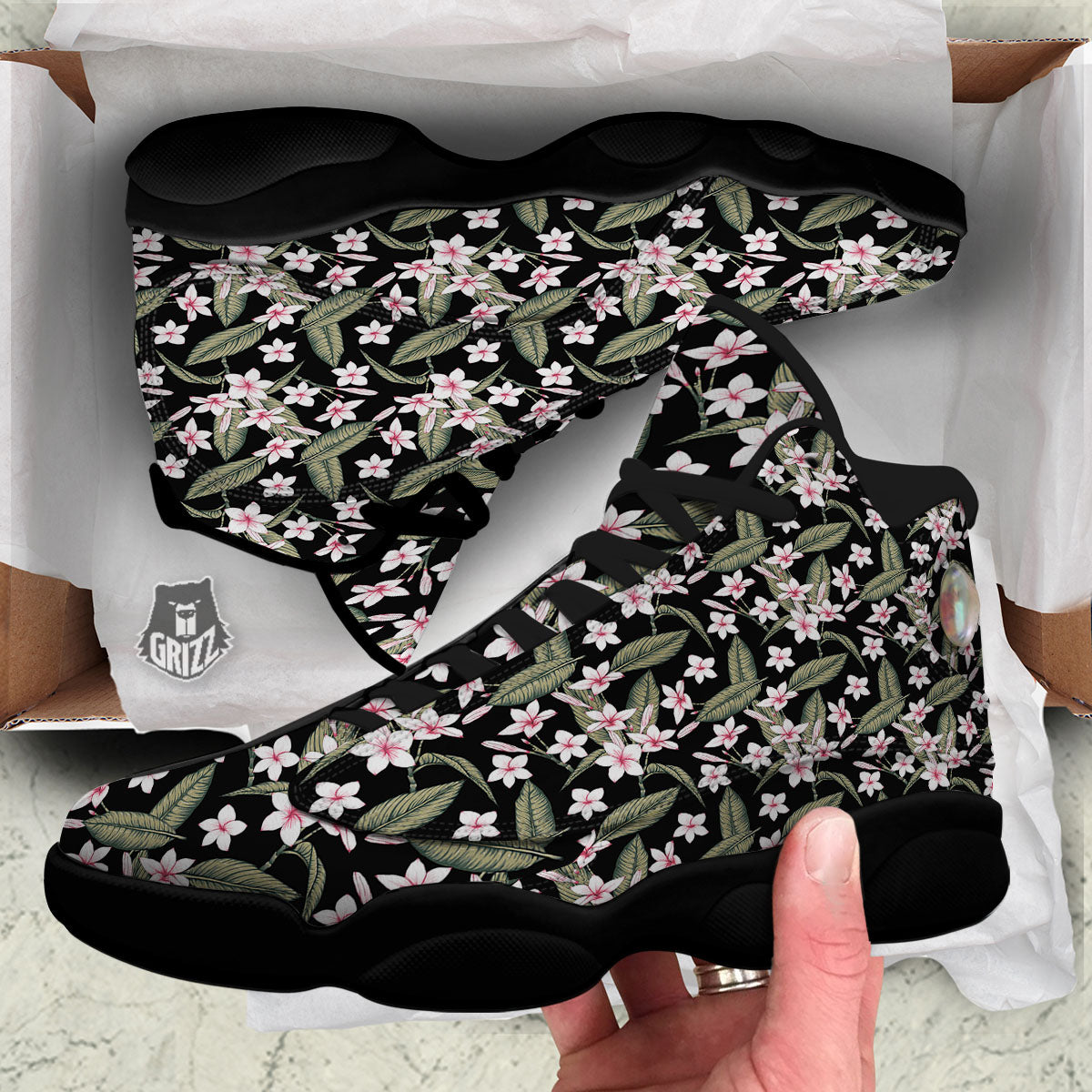 Flower Frangipani Print Pattern Black Basketball Shoes-grizzshop