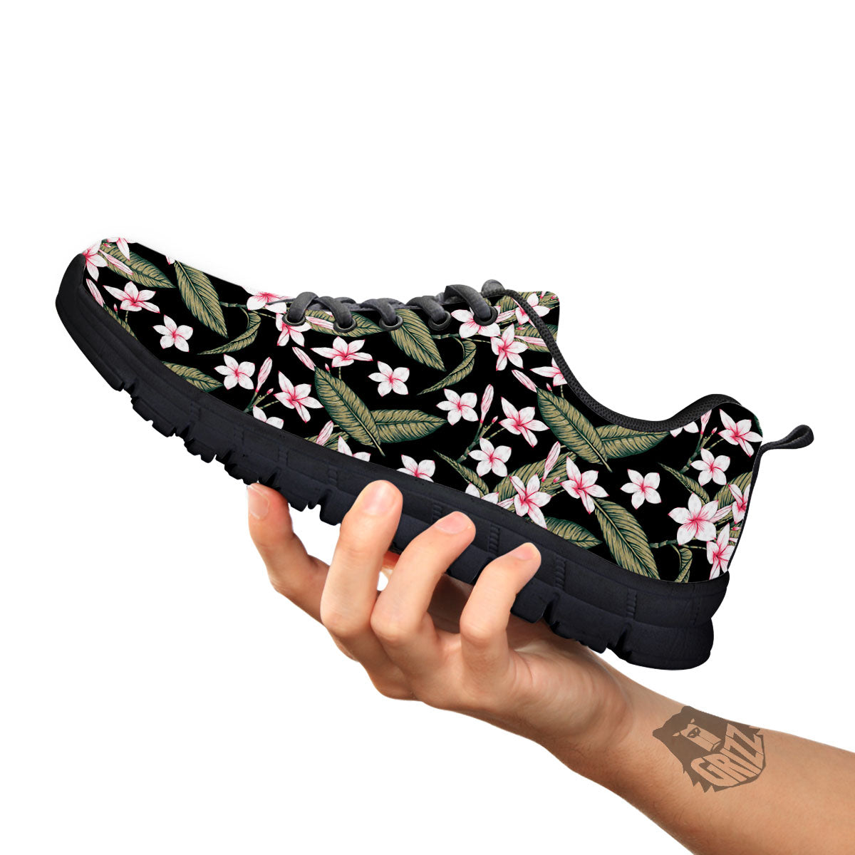 Flower Frangipani Print Pattern Black Sneaker-grizzshop