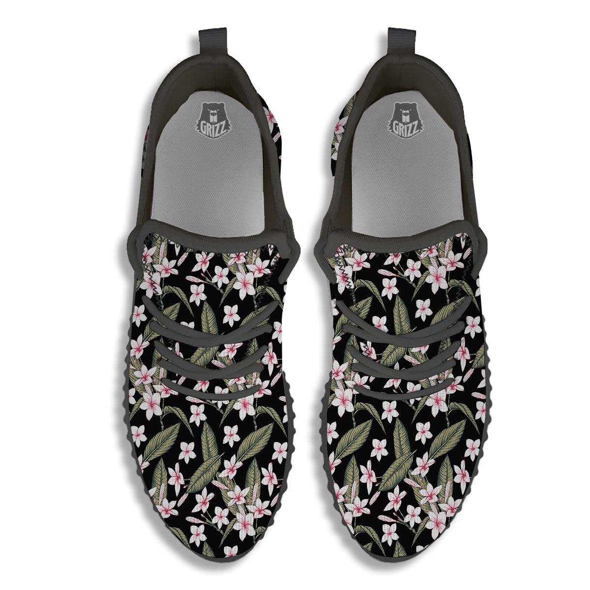 Flower Frangipani Print Pattern Black Walking Shoes-grizzshop